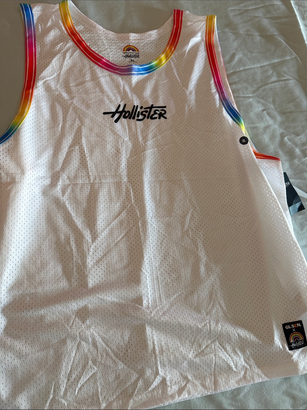 Hollister White Mesh Tank with Rainbow Stripe Trim